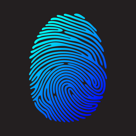Blue fingerprint. Color fingerprint on black background. Electric blue fingerprint. Security system fingerprint. Vector fingerprint illustration.のイラスト素材