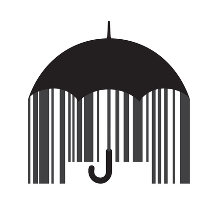 Black open classic umbrella stick with barcode inside. Price protection concept. Vector illustrationのイラスト素材