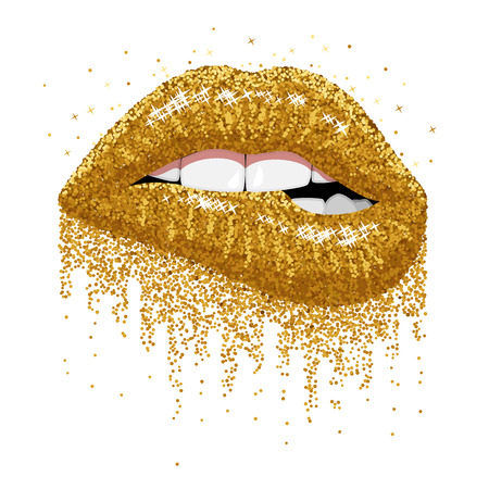 Abstract glitter gold sparkles Open Mouth with color paint flow glossy Lips Bitingのイラスト素材