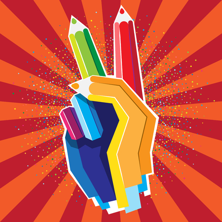 Human hand with Victory sign from color pencils.のイラスト素材