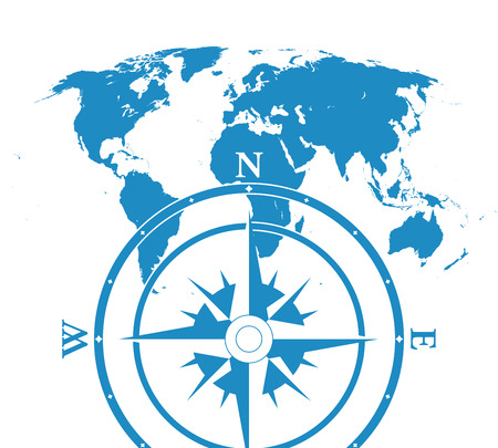 Blue similar blank flat world map. Infographic world map with compasのイラスト素材