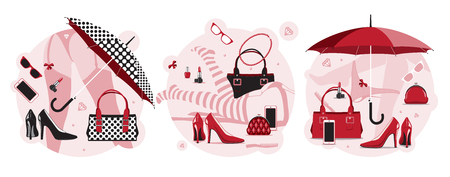 Women things. Set of accessories and clothes, shoes, bag, cosmetics and jewelry. vector illustrationのイラスト素材