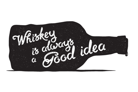 Whiskey bottle and handwritten lettering Whiskey is always a good idea on the white background. Vector illustrationのイラスト素材
