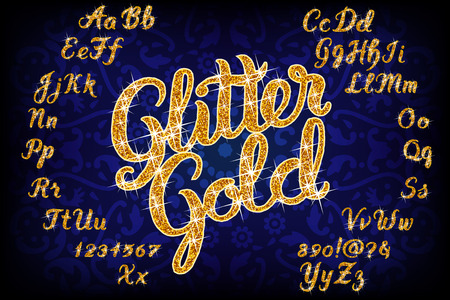 Handwritten Glitter Gold alphabet vector font. Hand drawn brush script letters on black background. Stock vector lettering typographyのイラスト素材