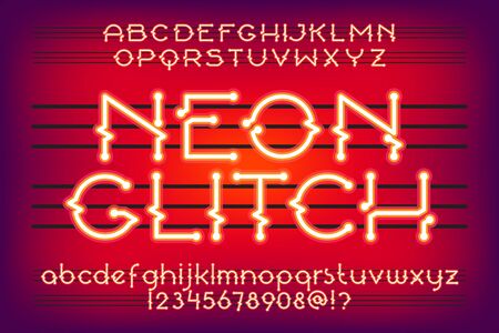 Red neon Glitch Alphabet Vector Font. Neon tube letters on dark background. Uppercase, smallcase and digits setのイラスト素材