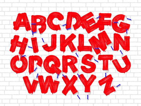 Red color roller brush graffiti alphabet on the old brick white wall background. Vector font setのイラスト素材