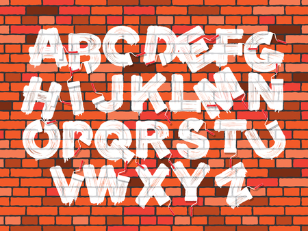 White color roller brush graffiti alphabet on the old brick red wall background. Vector font setのイラスト素材