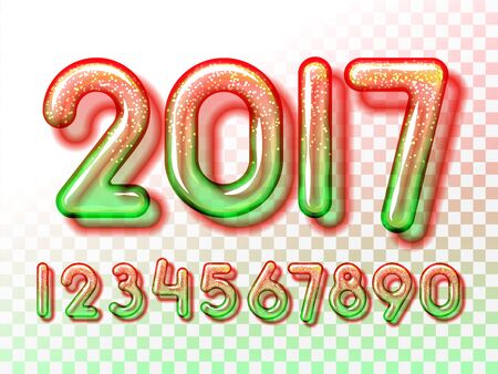 2017 snowball invitation. Realistic glass font with trancparency and shadows. 3D bulb isolated blue numbersのイラスト素材