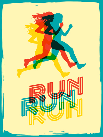 Run. Sport motivation lettering poster. Creative marathon vector design with running woman on grunge backgroundのイラスト素材