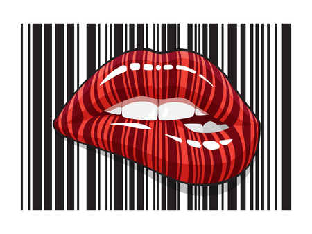 Barcode strip makeup of biting mouth. Stripped lips of bar code digital scanning.のイラスト素材