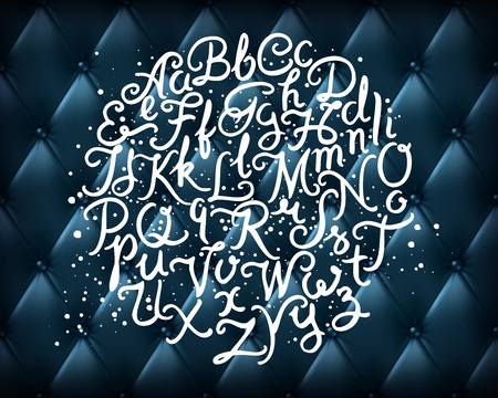 Handwritten alphabet vector font. Hand drawn brush script letters on the vintage buttoned leather background. Stock vector lettering typographyのイラスト素材