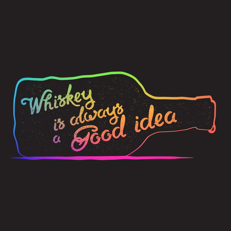 Whiskey bottle and handwritten lettering Whiskey is always a good idea on the white background. Vector illustrationのイラスト素材