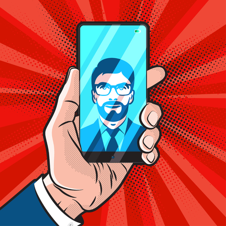 PopArt style mokup with trendy smartphone design in hand of man in suit and his selfie on screenのイラスト素材