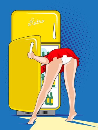 Pin-up girl in lingerie looks into the refrigerator. Retro vector illustrationのイラスト素材