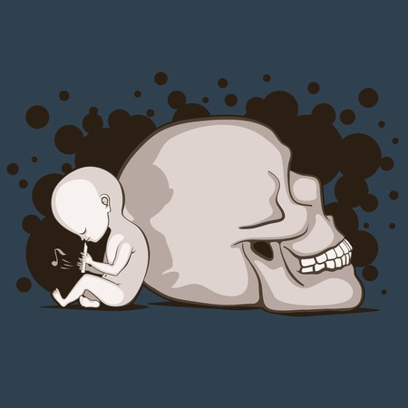 Newborn child plays on a flute nearby the giant human skullのイラスト素材