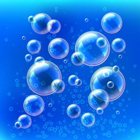 Realistic water soap bubbles on blue background, vector illustrationのイラスト素材