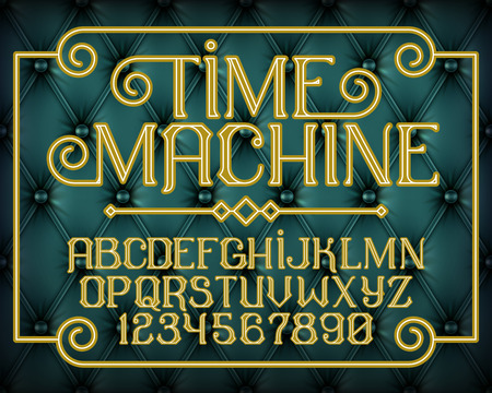 Decorative gold vintage font set Time Machine on blue old leather background. Old style alphabet design. Vector illustrationのイラスト素材