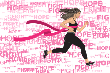 Woman Win her Run Competition for breast cancer awareness with Pink Ribbon of Finish Lineのイラスト素材