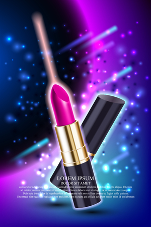 Makeup pink lipstick advertising template mockup with star sparkling background. Vector illustration.のイラスト素材