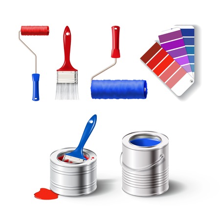 Realistick set of paint tools - metal paint cans with red and blue color, bristle brush, roller brush and guide paletteのイラスト素材