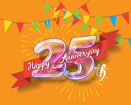 Happy 25th anniversary. Glass bulb number with ribbon and party decoration on the colorful backgroundのイラスト素材