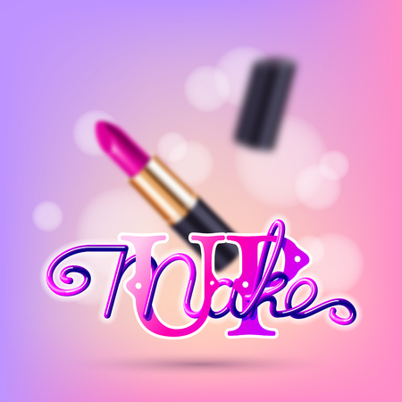 Makeup pink lipstick advertising lettering template mockup with sparkling background. Vector illustration.のイラスト素材