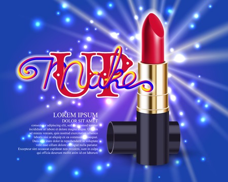 Makeup red lipstick advertising template mockup with lettering and sparkling background. Vector illustration.のイラスト素材