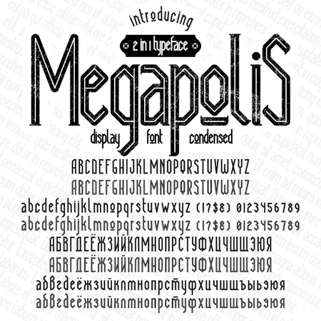 Megapolis - modern display condensed serif font. Minimalistic typeface. Alphabet full character set, numerals & punctuations, accents (multilingual characters) and cyrillicのイラスト素材
