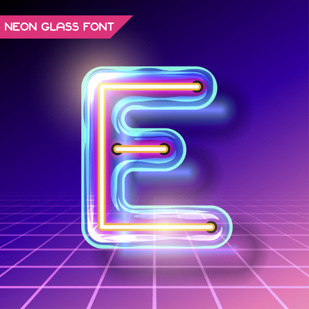 Retro neon glowing glass alphabet font with transparency and shadows. 3D light bulb isolated letter E on dark backgroundsのイラスト素材