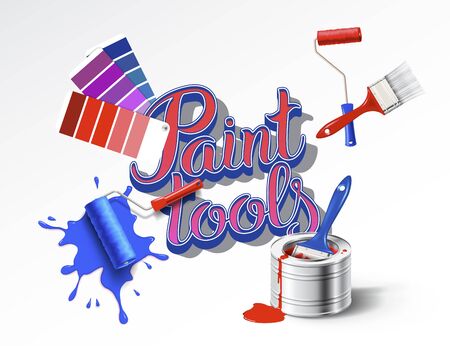 Realistick set of paint tools - metal paint cans with red and blue color, bristle brush, roller brush and guide paletteのイラスト素材