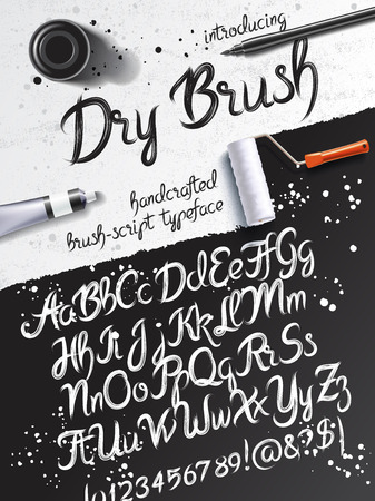 Calligraphy mockup with dry brush typeface, pen and paint tube on the background of black sheet of paper and grunge tableのイラスト素材