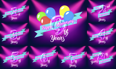 Happy anniversary congratulation cards pack. Glass bulb numbers with ribbon on the colorful neon backgroundのイラスト素材