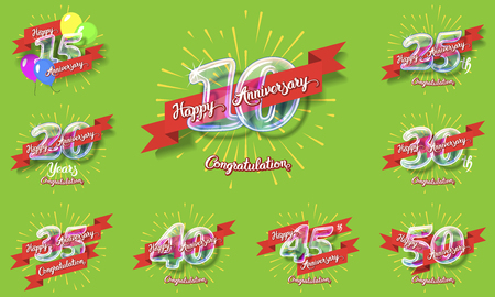 Happy anniversary congratulation cards pack. Glass bulb number with ribbon and party decoration on the colorful backgroundのイラスト素材