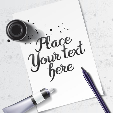 Calligraphy mockup with brush pen and black ink bottle on the background of white sheet of paper and grunge tableのイラスト素材
