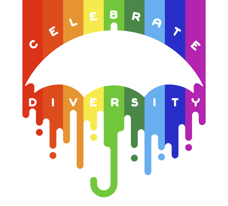 Celebrate diversity concept lettering with open classic umbrella stick with rainbow paint flow. Vector illustrationのイラスト素材