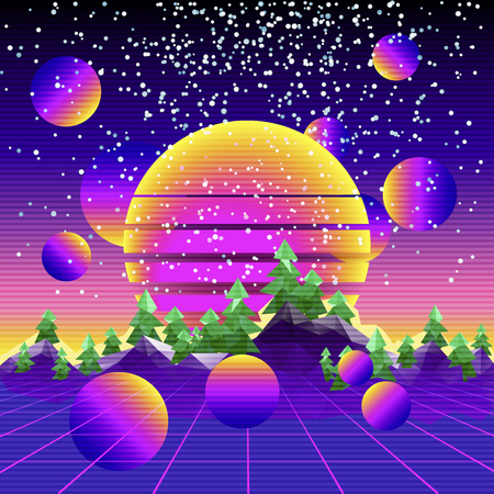 Retro synth wave cyber landscape. Happy New Year congratulation cardのイラスト素材