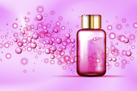 Pink bubbles and parfume glass bottle on abstract silk background. Suitable for beverage, cosmetics, healthcare concepts. Vector illustrationのイラスト素材