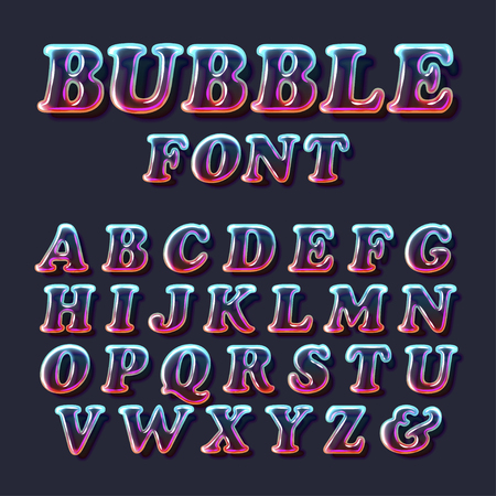 Surreal color bubble glass alphabet font with transparency and shadows. 3D bulb isolated lettersのイラスト素材