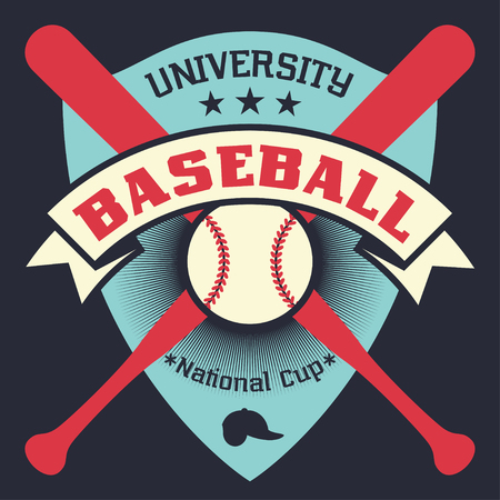 Baseball vintage poster with shield, stars, crossed bats and ball. University national cup. Retro vector illustrationのイラスト素材