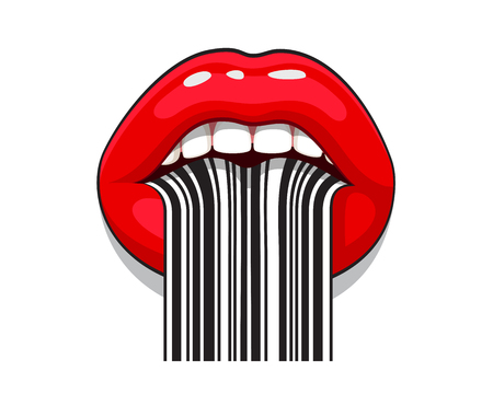 Barcode strip makeup of female mouth with tongue. Stripped lips of bar code digital scanning.のイラスト素材