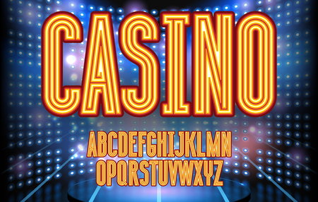 Jackpot casino neon lettering stage on background with glowing wall. Vector abstract backgroundのイラスト素材