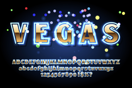 Golden font with neon on the old red brick wall background, bold sans serif alphabet, gold character set, modern typeface, typography, Electricity light retro letters. Vector illustrationのイラスト素材