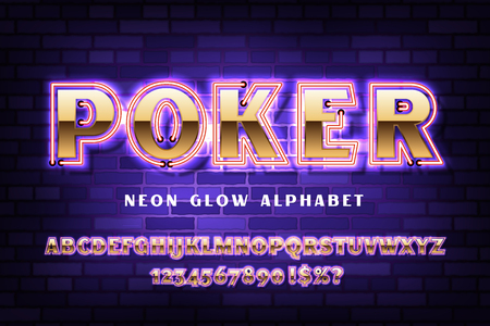 Golden font with neon on the old red brick wall background, bold sans serif alphabet, gold character set, modern typeface, typography, Electricity light retro letters. Vector illustrationのイラスト素材