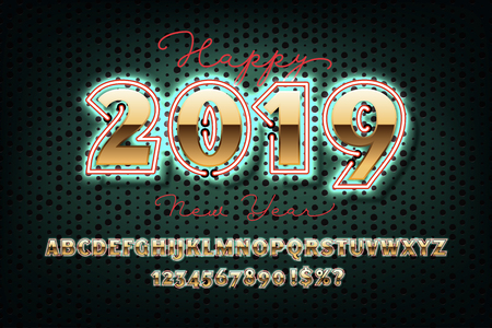 2019 Happy New Year invitation. Golden Christmas font with neon, bold sans serif alphabet, gold character set, modern typeface, typography, Electricity light retro letters. Vector illustrationのイラスト素材