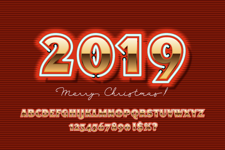 2019 Happy New Year invitation. Golden Christmas font with neon, bold sans serif alphabet, gold character set, modern typeface, typography, Electricity light retro letters. Vector illustrationのイラスト素材