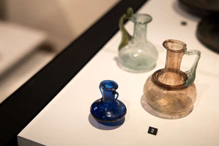 Leiden, The Netherlands - JAN 04, 2020: old glass vases from ancient Cyprus.のeditorial素材