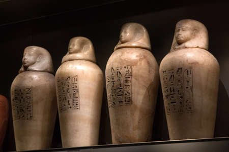 Leiden, The Netherlands - JAN 26, 2019: canopic jars from ancient Egypt for organs.のeditorial素材