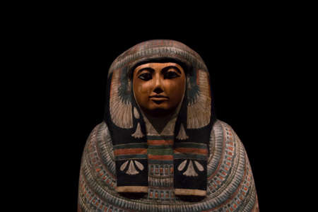 Leiden, The Netherlands - JAN 26, 2019: an old wooden sarcophagus from ancient egypt at the exhibition Gods of Egypt.のeditorial素材