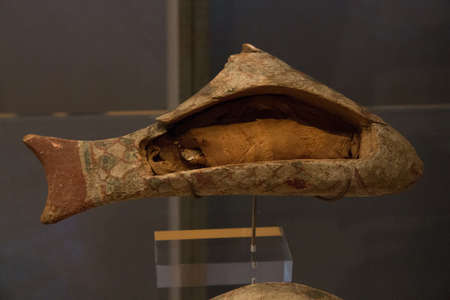 Leiden, The Netherlands - JAN 26, 2019: mummy of a fish in a wooden sarcophagus from ancient Egypt.のeditorial素材