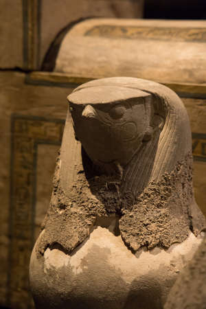 Leiden, The Netherlands - JAN 04, 2020: closeup of a canopic organ jar with the head of Qebehsenuef...